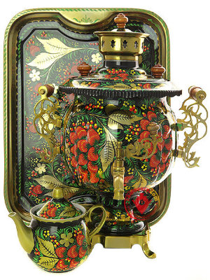 Комбинированный самовар 4,5 л шар с росписью "Хохлома классическая" в наборе с подносом и чайником