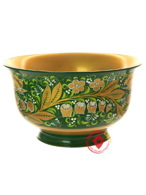 Деревянная чашка с росписью "Кудрина на зеленом фоне" Хохлома
