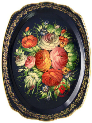 Жостовский поднос овальный фигурный "Цветы на синем", арт. 2140