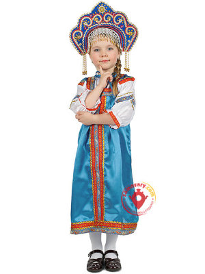 Русский народный костюм "Василиса" детский голубой атласный сарафан и блузка 7-12 лет