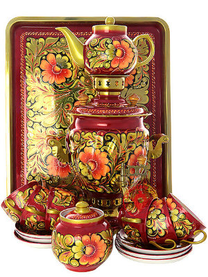Набор самовар электрический 3 литра с художественной росписью "Кудрина" с чайным сервизом, арт. 160322с
