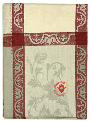 Скатерть бежевая с красным узором, 150х250, арт. 122